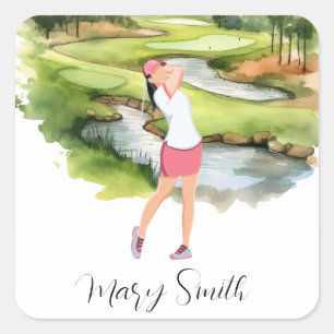 Vrouw Golfer is golfen op golfbaan waterverf Vierkante Sticker