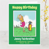 Vrouw Golfer komt in een Twist terecht. Funny Golf Kaart (Gele Bloem)