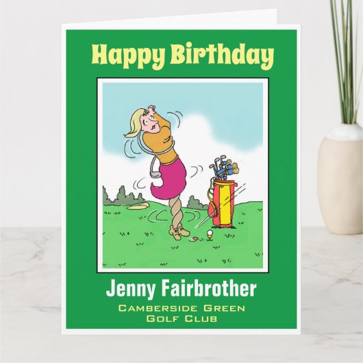 Vrouw Golfer komt in een Twist terecht. Funny Golf Kaart (Voorkant)
