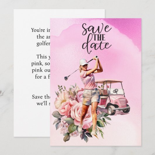 Vrouw golfer met roze golfkar op roze kaart (Voorkant / Achterkant)