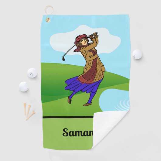 Vrouw Golfer Rijden over Water Hazard Golfhanddoek (Insitu)