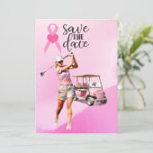 Vrouw golfer roze golfkar op roze borstkanker kaart (Staand voorkant)