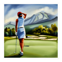 Vrouw Golfer schilderij - Art Print