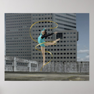 Vrouw gymnast buiten op daktop springen in de luch poster