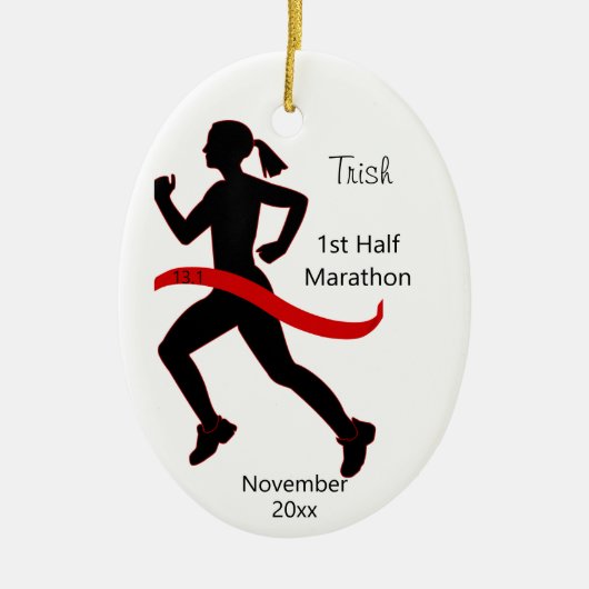 Vrouw Halve Marathon Runner Ornament in Rood (Voorkant)
