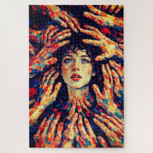 Vrouw handen bedekken gezicht intense emotie legpuzzel