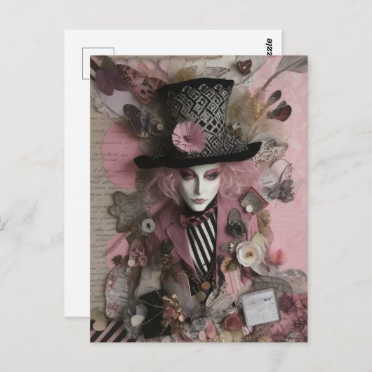 Vrouw Hatter Pink Mixed Media Collage Briefkaart (Voorkant / Achterkant)