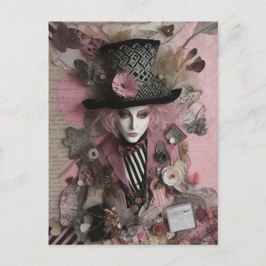 Vrouw Hatter Pink Mixed Media Collage Briefkaart (Voorkant)