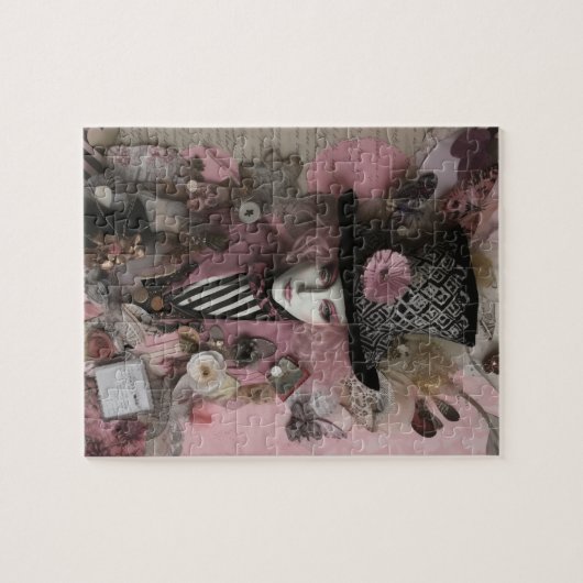 Vrouw Hatter Pink Mixed Media Collage Legpuzzel (Horizontaal)