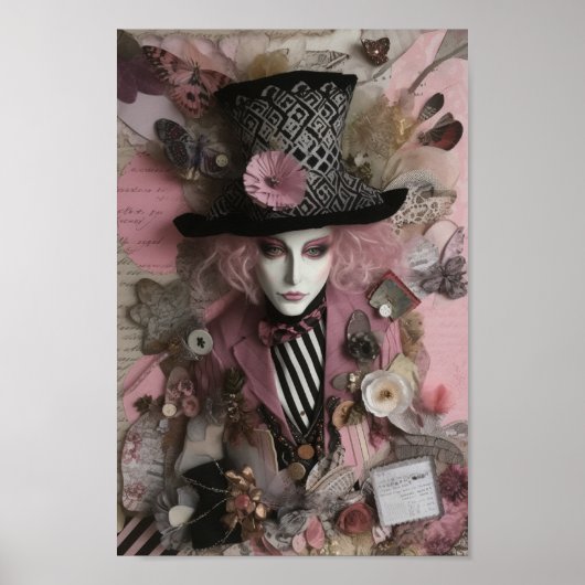 Vrouw Hatter Pink Mixed Media Collage Poster (Voorkant)