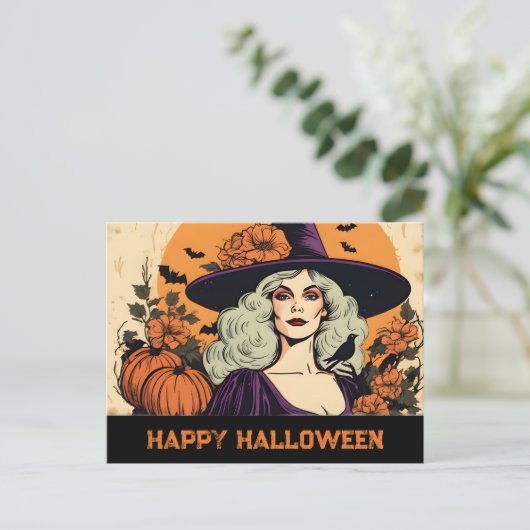   Vrouw Heks Bloem Happy Halloween Briefkaart (Staand voorkant)