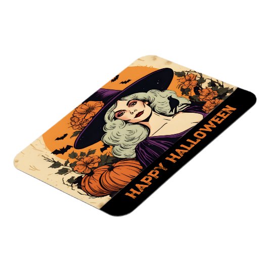 Vrouw Heks Bloem Happy Halloween Magneet (Linkerzijde)