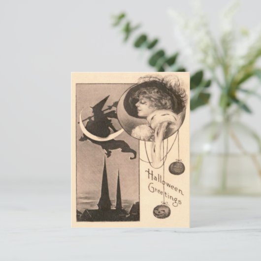 Vrouw Heks Crescent Moon Jack O' Lantern Briefkaart (Staand voorkant)