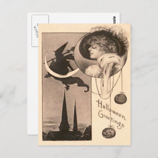 Vrouw Heks Crescent Moon Jack O' Lantern Briefkaart (Voorkant / Achterkant)