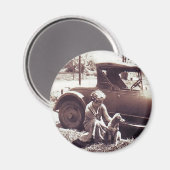 Vrouw Hond En Auto Vintageg Magneet (Voorkant / Achterkant)