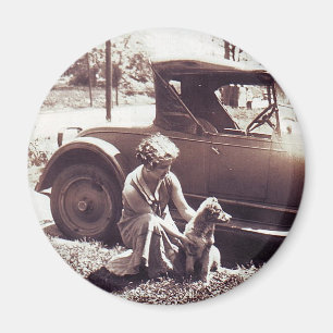 Vrouw Hond En Auto Vintageg Magneet