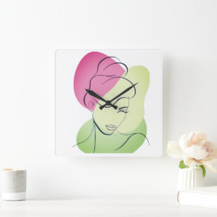 Vrouw Hoofd-Gezicht Portret Lineart Vierkante Klok