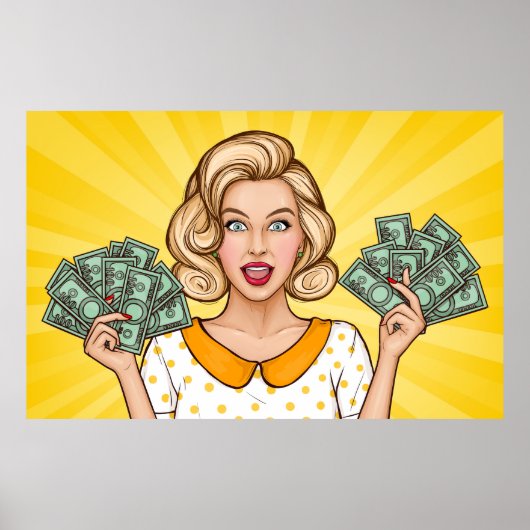 Vrouw houdt geld vast poster (Voorkant)