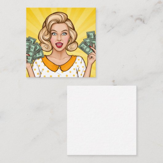 Vrouw houdt geld vast vierkante visitekaartje (Voorkant / Achterkant)