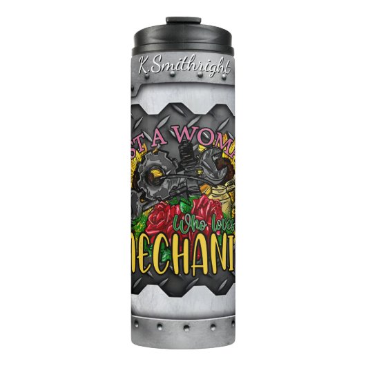 Vrouw houdt van haar mechanische bloem thermosbeker (Voorkant)