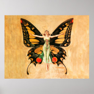 Vrouw Illustratie Fladderende Vlinder Vliegend Poster