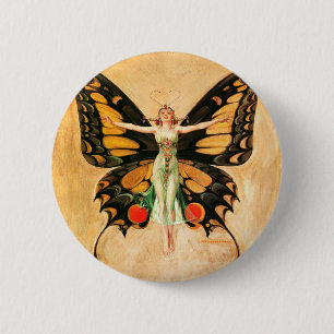 Vrouw illustratie fladderende vlinder vliegend ronde button 5,7 cm