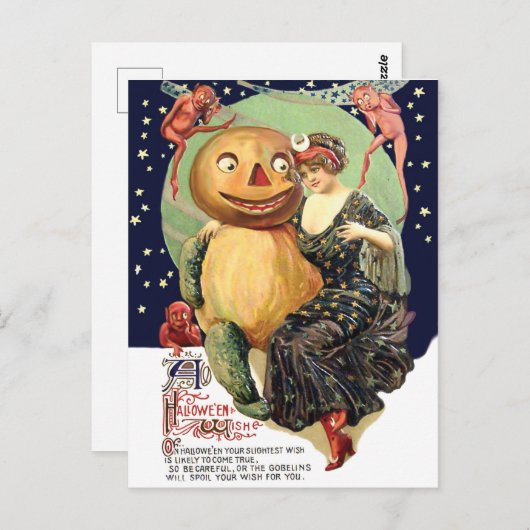 Vrouw in bedrijf van Jack O' Lantern en goblins Briefkaart (Voorkant / Achterkant)