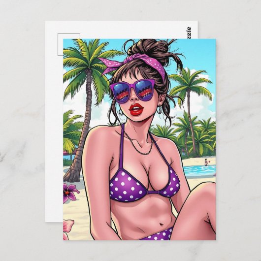 Vrouw in Bikini en Bandanna op het strand Briefkaart (Voorkant / Achterkant)