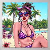 Vrouw in Bikini en Bandanna op het strand Poster (Voorkant)