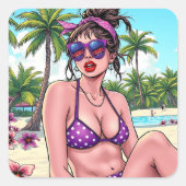 Vrouw in Bikini en Bandanna op het strand Vierkante Sticker (Voorkant)