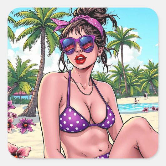 Vrouw in Bikini en Bandanna op het strand Vierkante Sticker (Voorkant)