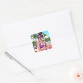 Vrouw in Bikini en Bandanna op het strand Vierkante Sticker (Envelop)