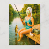 Vrouw in bikini vist vanaf houten steiger feestdagenkaart (Voorkant)