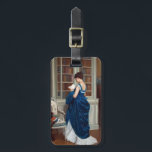 Vrouw in Blauw, een boek lezen Bagagelabel<br><div class="desc">Vrouw in blauwe jurk heeft het feest verlaten voor de bibliotheek.</div>