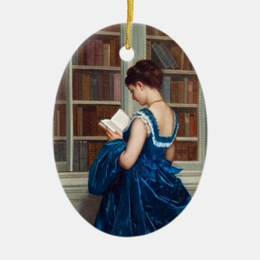 Vrouw in Blauw, een boek lezen Keramisch Ornament (Voorkant)