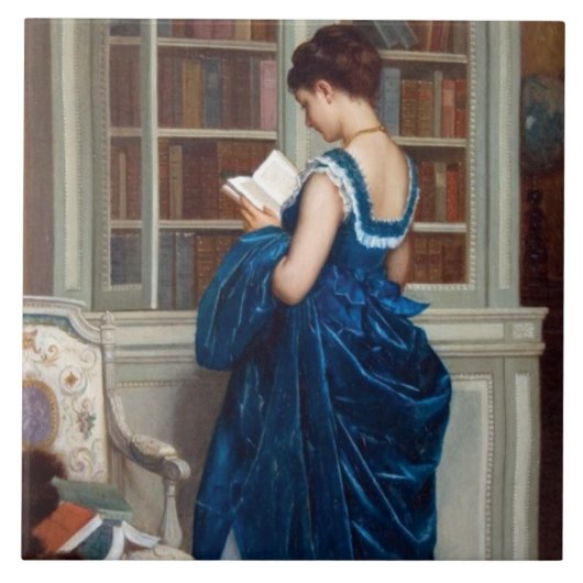 Vrouw in Blauw, een boek lezen Tegeltje (Voorkant)
