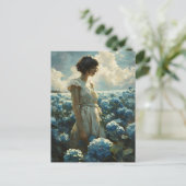 Vrouw in blauw Hydrangea veld:  Beauty Briefkaart (Staand voorkant)