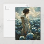 Vrouw in blauw Hydrangea veld:  Beauty Briefkaart (Voorkant / Achterkant)