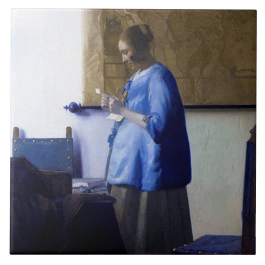 Vrouw in Blauw, Johannes Vermeer Tegeltje (Voorkant)