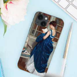 Vrouw in Blauw, lees een iPhone voor het Hoesje va