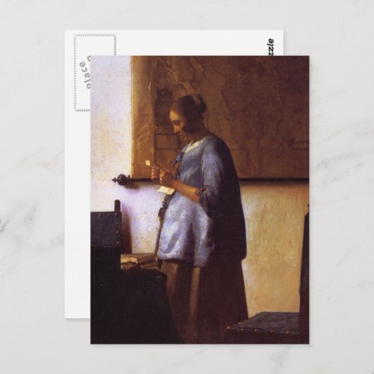 Vrouw in Blauw Leest een brief Briefkaart (Voorkant / Achterkant)