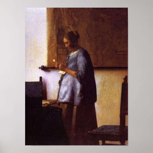 Vrouw in Blauw Leest een brief Poster (Voorkant)