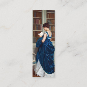 Vrouw in Blauw, leest een Kaart van het Boek Mini Visitekaartje