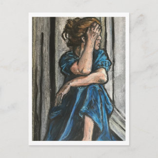 Vrouw in blauwe ansichtkaart briefkaart