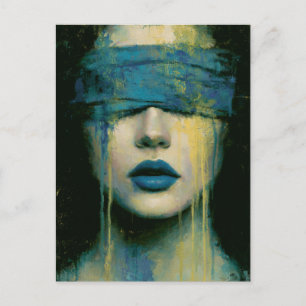 Vrouw in blauwe blinddoek briefkaart