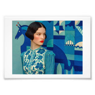 Vrouw in blauwe bloemenjurk, schilderij van blauw foto afdruk