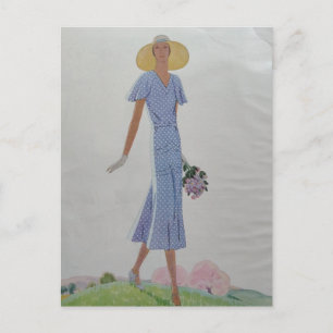 Vrouw in blauwe en witte jurk 1930s mode briefkaart
