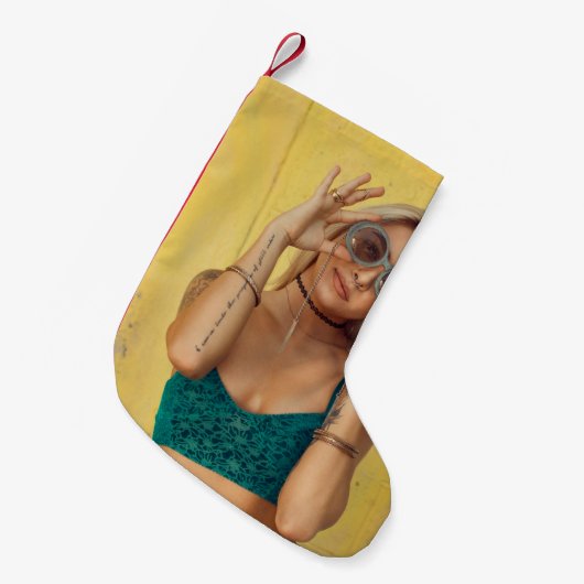 Vrouw in blauwe Gibraltar met zonnebril Kleine Kerstsok (Voorkant (Hangend))