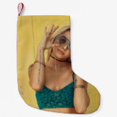 Vrouw in blauwe Gibraltar met zonnebril Kleine Kerstsok (Voorkant)