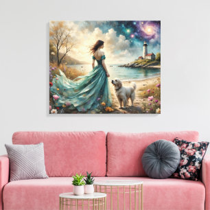 Vrouw in blauwe jurk op het strand met hond, vuurt canvas afdruk